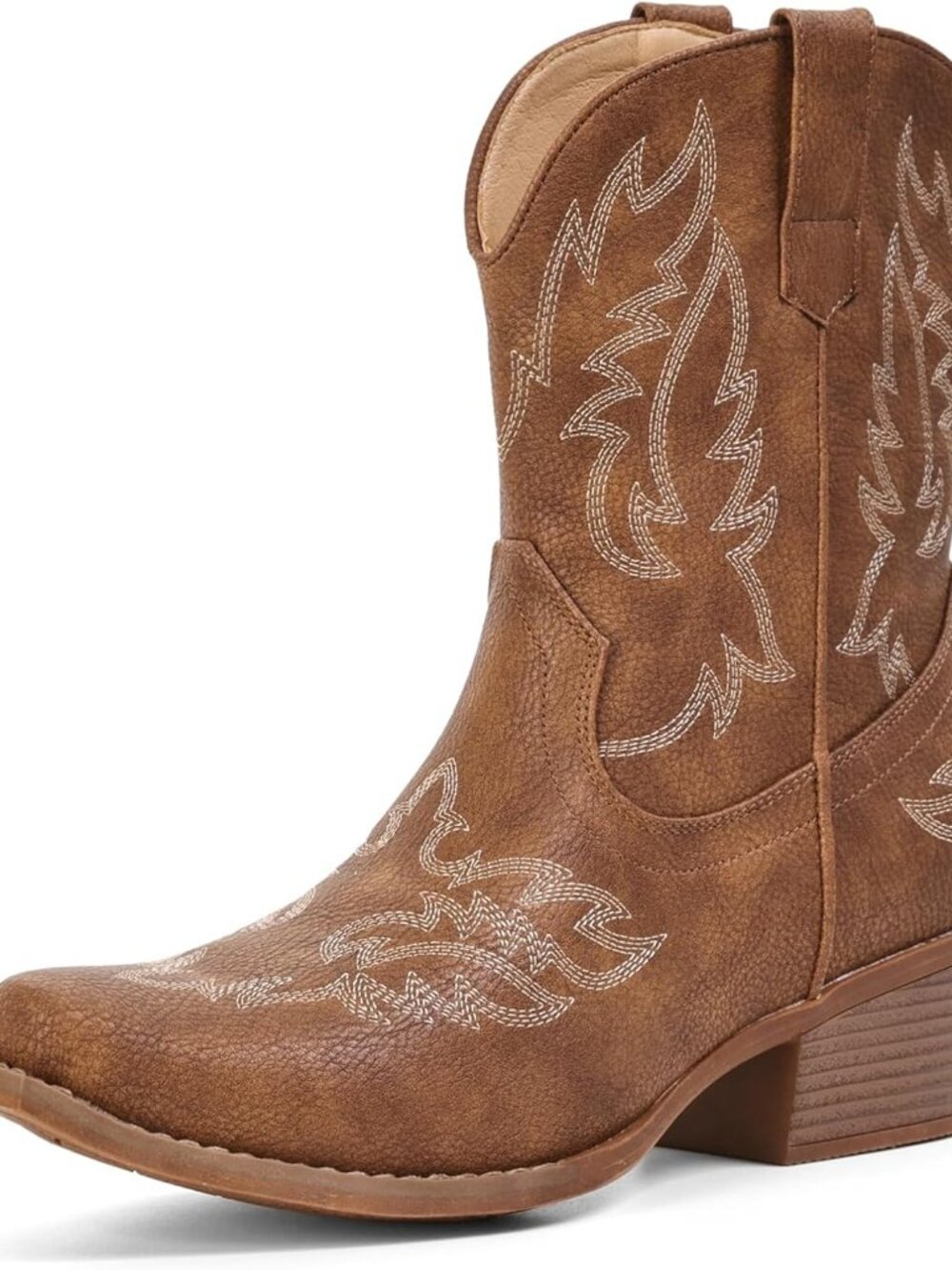 Women's Light Brown Ankle Western Cowgirl Mid Calf Snip Toe Chunky Shoes Booties - Picture 4 of 6